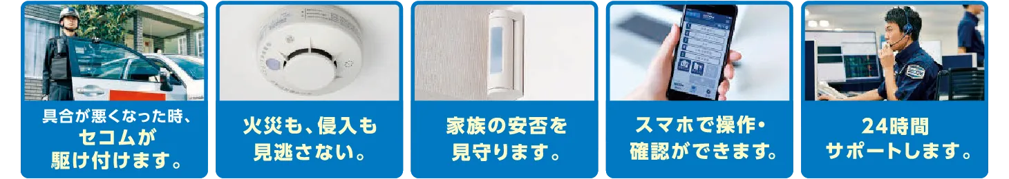 具合が悪くなった時、セコムが駆け付けます。/火災も、侵入も見逃さない。/家族の安否を見守ります。/スマホで操作・確認ができます。/24時間サポートします。