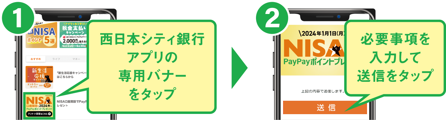 西日本シティ銀行アプリの線バナーをタップ⇒必要事項を入力して送信をタップ