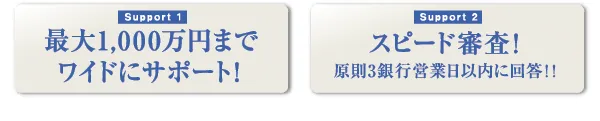 【Support 1】最大1,000万円までワイドにサポート！【Support 2】スピード審査！原則3銀行営業日以内に回答！！