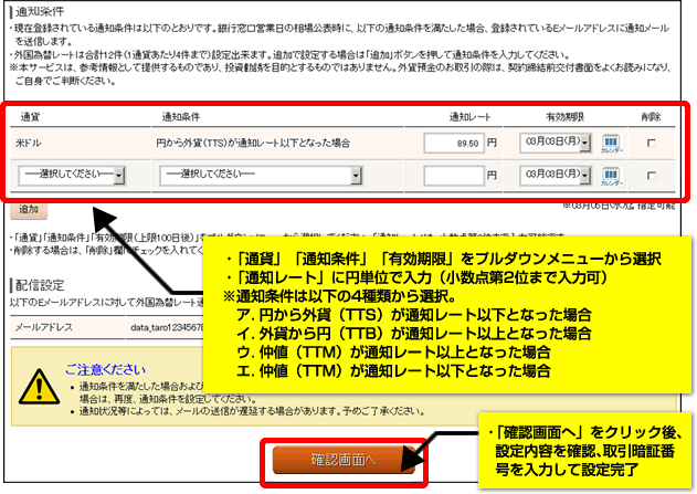 ・「通貨」「通知条件」「有効期限」をプルダウンメニューから選択・「通知レート」に円単位で入力（小数点第2位まで入力可）※通知条件は以下の4種類から選択。ア．円から外貨（TTS）が通知レート以下となった場合イ．外貨から円（TTB）が通知レート以上となった場合ウ．仲値（TTM）が通知レート以上となった場合エ．仲値（TTM）が通知レート以下となった場合。・「確認画面へ」をクリック後、設定内容を確認、取引暗証番号を入力して設定完了