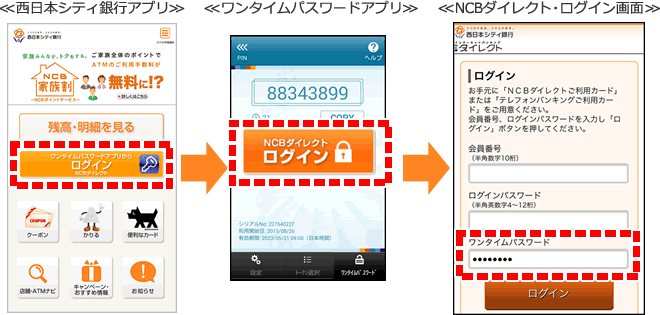 「NCBダイレクト」ログインボタンとワンタイムパスワードアプリの自動連携