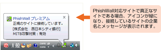 フィッシュウォール対応サイトで真正なサイトである場合、ｌアイコンが緑になり、接続しているサイトの企業名とメッセージが表示されます。