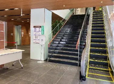 入口を入って右手の階段・エスカレーターは使わずに白い柱の奥へお進みください。