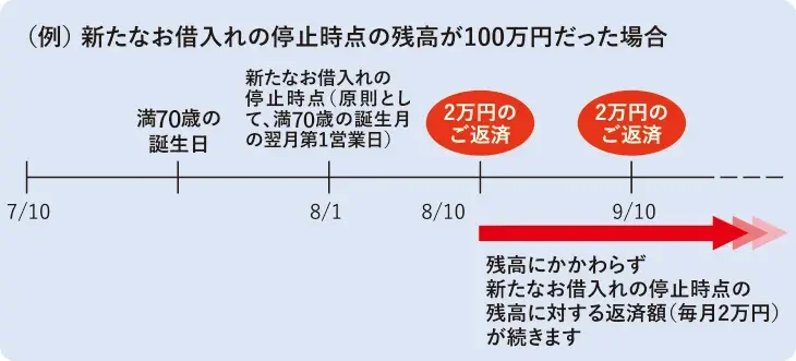 新たなお借入れの停止時点の残高が100万円だった場合残高にかかわらず新たなお借入れの停止時点の残高に対する返済額（毎月2万円）が続きます