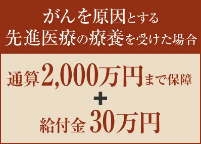 がんを原因とする先進医療の療養を受けた場合通算2,000万円まで保障+給付金30万円