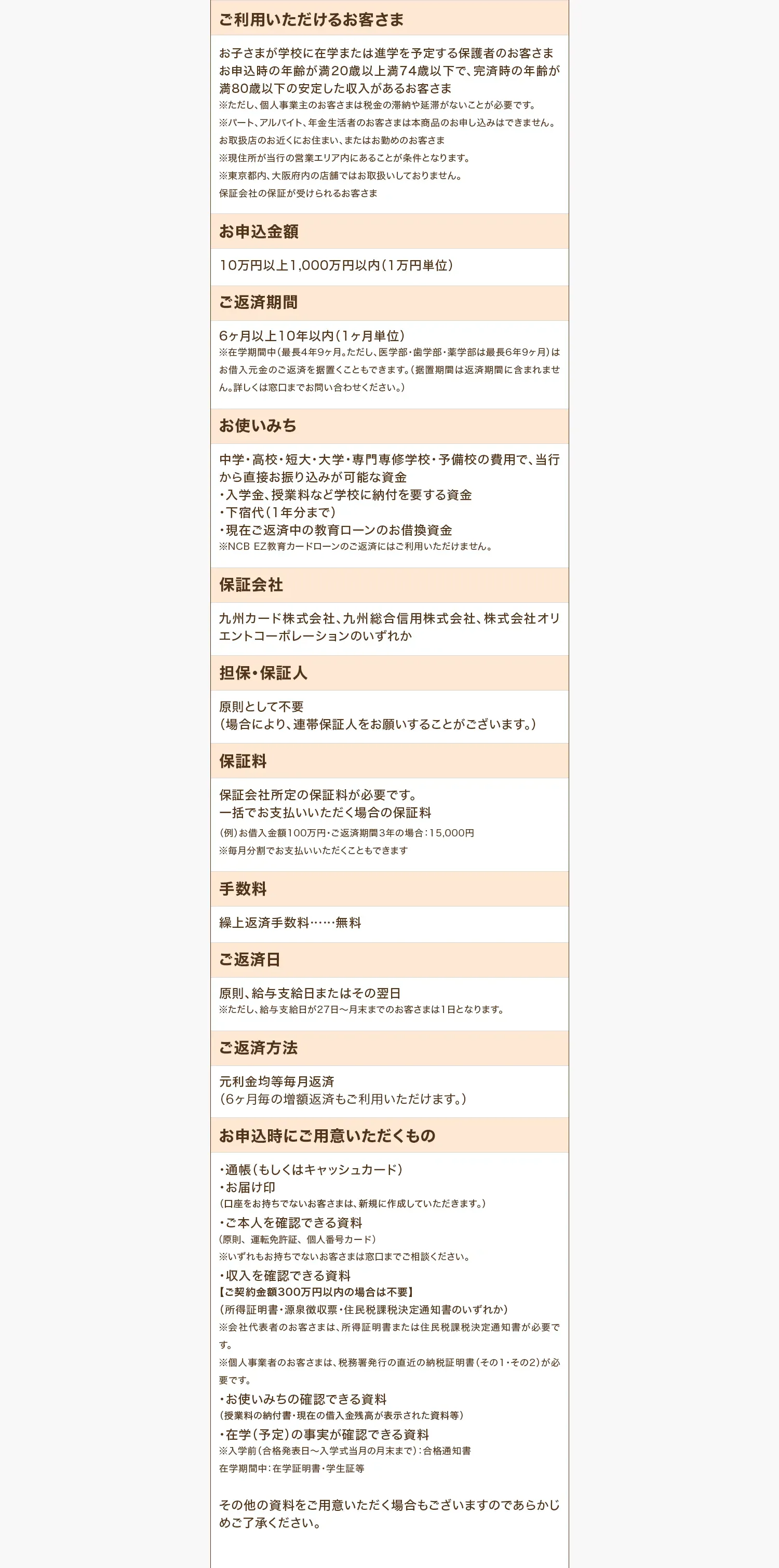 ご利用いただけるお客さま お子さまが学校に在学または進学を予定する保護者のお客さま お申込時の年齢が満20歳以上満74歳以下で、完済時の年齢が満80歳以下の安定した収入があるお客さま ※ただし、個人事業主のお客さまは税金の滞納や延滞がないことが必要です。 ※パート、アルバイト、年金生活者のお客さまは本商品のお申し込みはできません。お取扱店のお近くにお住まい、またはお勤めのお客さま ※現住所が当行の営業エリア内にあることが条件となります。 ※東京都内、大阪府内の店舗ではお取扱いしておりません。保証会社の保証が受けられるお客さま お申込金額 10万円以上1,000万円以内（1万円単位） ご返済期間 6ヶ月以上10年以内（1ヶ月単位） ※在学期間中（最長4年9ヶ月。ただし、医学部・歯学部・薬学部は最長6年9ヶ月）はお借入元金のご返済を据置くこともできます。（据置期間は返済期間に含まれません。詳しくは窓口までお問い合わせください。） お使いみち 中学・高校・短大・大学・専門専修学校・予備校の費用で、当行から直接お振り込みが可能な資金 ・入学金、授業料など学校に納付を要する資金 ・下宿代（1年分まで） ・現在ご返済中の教育ローンのお借換資金 ※NCB EZ教育カードローンのご返済にはご利用いただけません。 保証会社 九州カード株式会社、九州総合信用株式会社、株式会社オリエントコーポレーションのいずれか 担保・保証人 原則として不要（場合により、連帯保証人をお願いすることがございます。） 保証料 保証会社所定の保証料が必要です。一括でお支払いいただく場合の保証料 （例）お借入金額100万円・ご返済期間3年の場合：15,000円 ※毎月分割でお支払いいただくこともできます 手数料 繰上返済手数料……無料 ご返済日 原則、給与支給日またはその翌日 ※ただし、給与支給日が27日～月末までのお客さまは1日となります。 ご返済方法 元利金均等毎月返済（6ヶ月毎の増額返済もご利用いただけます。） お申込時にご用意いただくもの ・通帳（もしくはキャッシュカード） ・お届け印（口座をお持ちでないお客さまは、新規に作成していただきます。） ・ご本人を確認できる資料（原則、運転免許証、個人番号カード） ※いずれもお持ちでないお客さまは窓口までご相談ください。 ・収入を確認できる資料【ご契約金額300万円以内の場合は不要】（所得証明書・源泉徴収票・住民税課税決定通知書のいずれか） ※会社代表者のお客さまは、所得証明書または住民税課税決定通知書が必要です。 ※個人事業者のお客さまは、税務署発行の直近の納税証明書（その1・その2）が必要です。 ・お使いみちの確認できる資料（授業料の納付書・現在の借入金残高が表示された資料等） ・在学（予定）の事実が確認できる資料 ※入学前（合格発表日～入学式当月の月末まで）：合格通知書 在学期間中：在学証明書・学生証等 その他の資料をご用意いただく場合もございますのであらかじめご了承ください。